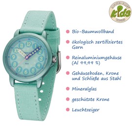 JACQUES FAREL ORGT 1113 Educational Watch Eco Children's Watch Girls Analogue Quartz with Textile Strap Made of Organic Cotton Mint Light Blue Sustainable, mint, Strap.