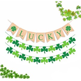3Pcs St. Patrick's Day Clover Banner, Felt Green Shamrock Hanging Garland Decoration Lucky Clover Burlap Banner St Patrick's Day Decorations for Irish Lucky Day Party