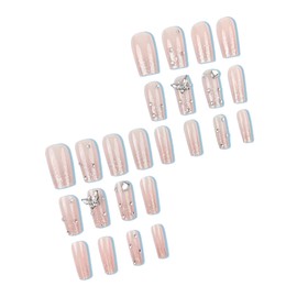 MERVF Long Square Press on Nails Glitter French Tip Fake Nails 3D Butterfly Rhinestones Glue on Nails Press ons Squoval Acrylic False Nails with Solid Color Design Glossy 24pcs