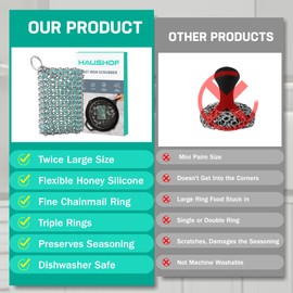 HAUSHOF Cast Iron Scrubber, Chainmail Scrubber with Silicone Core, Premium Cast Iron Cleaner Sponge for Skillet, Pan, Dutch Oven