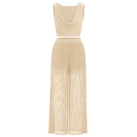 AFAVOM Sequin Lyrical Dance Costume for Women Lyrical Dance Dress Sleeveless Ruffle Crop Top with Wide Leg Pants Ballet Leotard Shorts 2PCS Lyrical Outfit Adult Contemporary Dance Costume Champagne M