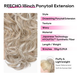 REECHO Ponytail Extension, 18 inch Drawstring Ponytail Hair Extensions Long Curly Wavy Clip in Pony Tail Synthetic Hairpiece for Women, Medium Blonde with Highlights