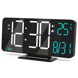 KOSUMOSU Alarm Clock Bedroom LED Clock 6.7 Inch Black Digital Clock Clock Dual Alarm Date/Second/Week 12/24 Hours/Dimming/Temperature/Calendar Desk Clock for Living Room