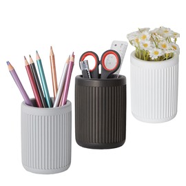 Set of 3 - Aesthetic Concrete Pen Holder for Desk - Handmade Modern Fluted Cement Pencil Holder for Desk - Striped Pen Cup Organizer- Minimalist Office Decor Pen Holders- Pencil Holders- Pen Cups