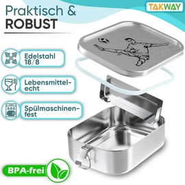 TAKWAY Children's Stainless Steel Lunch Box with Compartments, 800 ml, Leakproof Bento Box, Adjustable, Snack Box, Lunch Box, Nursery, School (Football, Divider)
