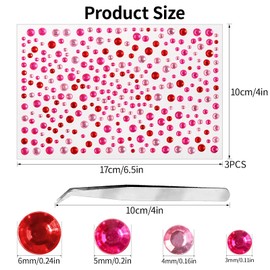 975PCS Face Gems Rhinestones Stickers, 3 Sheets Self Adhesive Nail Gems 3/4/5/6 MM Hair Pearls Bling Jewels Stick on for Face Eye Hair Nail Makeup Body DIY Crafts, includes Tweezer (Pink Red)