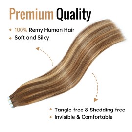 JESSBO Tape in Hair Extensions Human Hair for Women,Straight Chocolate Brown to Caramel Blonde 100% Human Hair 14 inch 20pcs 40g/pack Seamless Skin Weft (14 Inch #4/27 Chocolate Brown to Caramel Blonde)