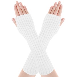 SGQTZDZQ Knitted Wrist Warmers Womens, Autumn Winter Arm Warmers with Thumb Hole, Fashion Long Fingerless Gloves for Women Girls (White)
