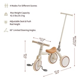 Kidpop Pony 4-in-1 Kids' Tricycles Pedal Vehicles for 1-4 Push Slide Ride On Toy Balance Bike Baby Walker Stroller (White)