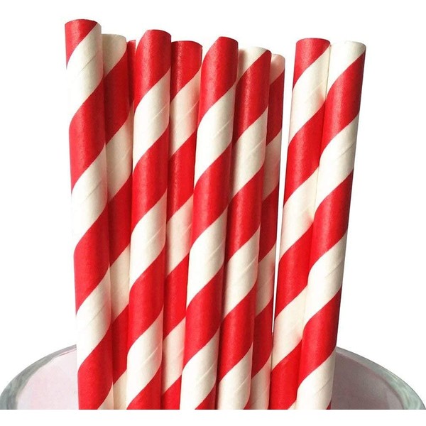Paper Straws 50Pcs Pack 6mm Red and White Stripe Biodegradable Drinking, Birthday, Party, Christmas, Xmas, Cafe, Restaurant, Wedding Straw in Bulk (50, 6mmx210mm)