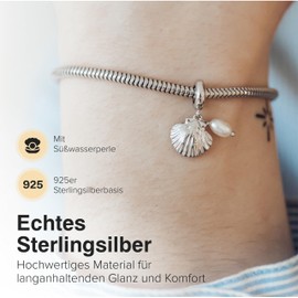 CHRISTINA Elegant Shell Charm Pendant, Sterling Silver, White Stone, Women's Jewellery, Charms for Charm Bracelet and Silver Pendant, One size, Sterling Silver, No Gemstone