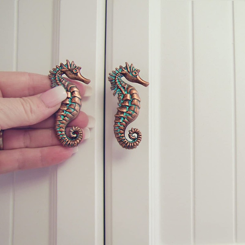 Treasure Gurus Verdigris Copper Metal Seahorse Kitchen Cabinet Pull Dresser