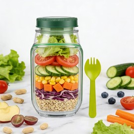 Portable Salad Container with Dressing Cup & Spoon, Mason Jar Side Open with Leak-Proof, On-the-Go Lunch Set for Office, Picnic, Travel, Meal Prep, Party & Outdoor, Dishwasher & Freezer Safe