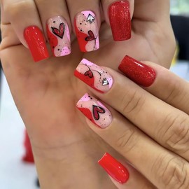 OHWODA 24Pcs Valentine’s Press on Nails Medium Square Fake Nails Glossy Red Valentine’s Day Glue on Nails Cute Heart Acrylic Nails Press ons Medium Square Valentine’s Stick on Nails for Women