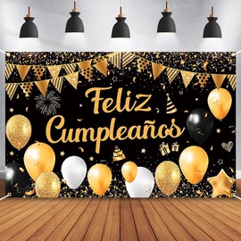 Spanish Happy Birthday Large Banner, Black Banner for Birthday Decoration, Banner Birthday Boy Girl, Birthday Decoration Backgrounds, Banner for Birthday Parties, Birthday Poster