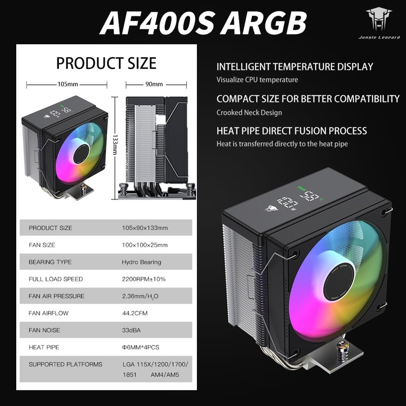 TZMRIT AF400S DGT ARGB CPU Cooler with Temperature Display for