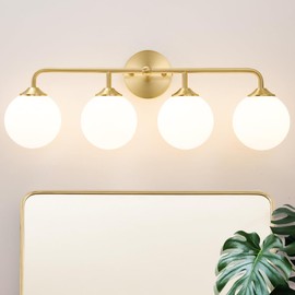 Modern Brushed Brass Bathroom Light Fixtures, Elegant Gold 4-Lights Vanity Light Fixtures, Milky White Globe Glass Shade Vanity Light over Mirror, Wall Sconces for Bathroom Dressing Table Bedroom