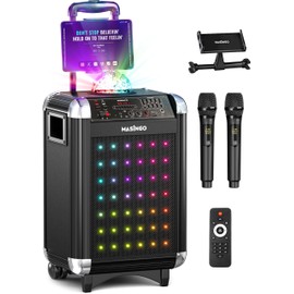 MASINGO Karaoke Machine for Adults and Kids with 2 Bluetooth Wireless Microphones. Portable Singing PA Speaker System with Disco Ball Lights, Lyrics Display Tablet Holder & TV Cable. Soprano X1 2.0