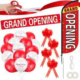 Mixweer 7. 5ft Grand Opening Flag Banner Kit 48 Pcs Ribbon Cutting Ceremony Kit and Banner with Scissors 40 Balloons Satin Ribbon Bows for Grand Opening Decorations Business Events(Red,White)