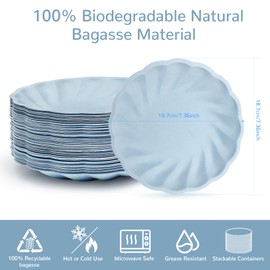BangShou 7" Biodegradable Scalloped Plates (50 Pack) Eco-Friendly Microwave-Safe Party Trays for Weddings, Picnics & Daily Meals Stylish Blue Compostable Tableware