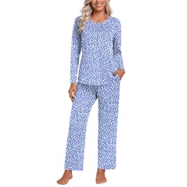 Anyhold Plus Size Womens Fall 2 Piece Pajama Sets Long Sleeve Ladies Pjs Lounge Sleepwear with Pockets X-Large, Spotted Blue