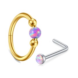 MODRSA 18g Opal Nose Ring Opal Nose Stud L Shaped Opal Nose Hoop Clicker Gold Nose Rings for Women Cartilage Hoop Earring Cartilage Hoop Helix Hoop Earring Opal Purple Daith Earring Hoop