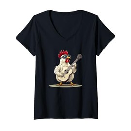 Womens White Chicken with Cool Guitar Costume for Adults and Kids V-Neck T-Shirt