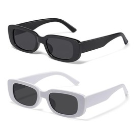 2 Pairs Y2K Rectangle Black White Sunglasses for Women Men, Trendy Retro 90s Oversized Fashion Square Frame Sunglasses, Unique Chic Stylish Shades Cute Design for Y2K Outfits Accessories - Color: Black + White