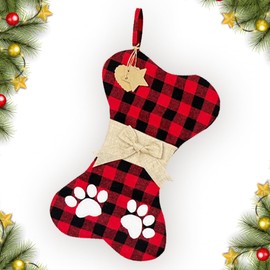CHMOART Christmas Stockings Xmas Gift Stockings for Fireplace, Red Black Buffalo Plaid Burlap Stocking Ornaments Winter Pet Paw Hanging Stockings for Christmas