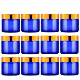 IRON BILL 2 Oz Blue Round Glass Jars with Inner Liners and Gold Lids(12PCS) Empty Cream Containers Refillable Cosmetic Vials for Cosmetics, Lotions, Ointment, Body Scrubs & Balms