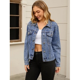 CIMUK Women's Jean Jacket Trendy Spring Long Sleeve Button Up Pearl Denim Jackets X-Large Blue