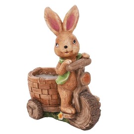 LuxenHome 21" Fiber Stone Outdoor Planter, Brown Bunny Rabbit on a Bicycle Planter Pot, Bunny Garden Sculpture Flower Pot for Front Porch, Courtyard, Indoor Outdoor Use