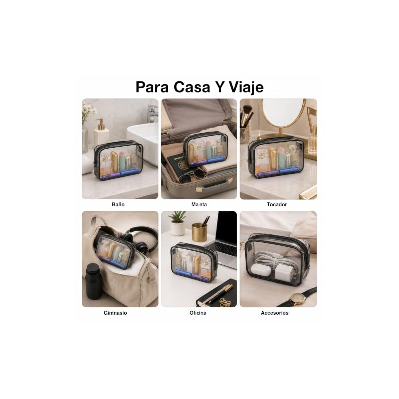 Cosmetiqueras Transparentes 3 Piezas de PVC, Bordes Negros, 18 x