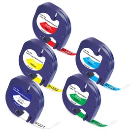 BOYEEZON Compatible with DYMO Label Tape 12 mm x 4 m dymo LetraTag Plastic 91221 91222 91223 91224 91225 Black on White/Yellow/Red/Green/Blue Label Tape for LetraTag XR LT-100H LT-110T 200B Pack of 5