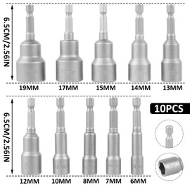 Anhoer Magnetischer Sechskant-Steckschlüsselsatz, 6–19 mm, Sechskantschaft, Sechskant-Bit-Set, 1/4 Zoll, magnetischer Bohrer-Bit-Set, Schraubenschlüssel-Adapter für Elektroschrauber, 10 Stück