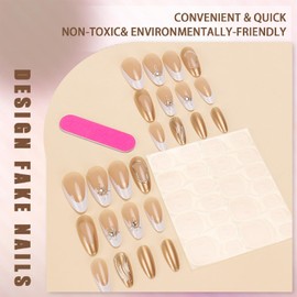 24Pcs Almond Press on Nails – White French Tip Nude Fake Nails with 3D Gold Swirl & Rhinestone Design – Full Cover Stick on for Women