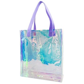 TotePrint Waterproof Holographic Transparent Handbag Laser Bag Girls Beach Bag PVC Shopping Bag for Sports, Work, Safety Travel, Stadium or Concert, Purple Handle, Modern