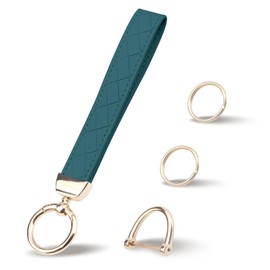 QBUC Leather Wristlet Keychain, Wrist Car Key Chain, with 2 Key Rings ＆ Anti-Lost D Ring, Key Fob Wristband for Women (Ocean Blue)