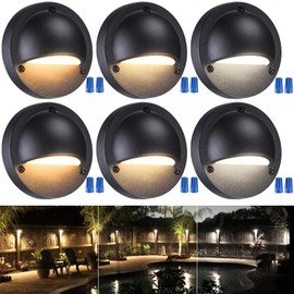 LEONLITE 3CCT LED Low Voltage Deck Lights, 180LM 3.74inch Landscape Step Railing Fence Light, 12-36V AC/DC, Die-cast Aluminum Housing & Frosted Glass Lens, UL Cord, Black, 2700K/3000K/4000K, Pack of 6