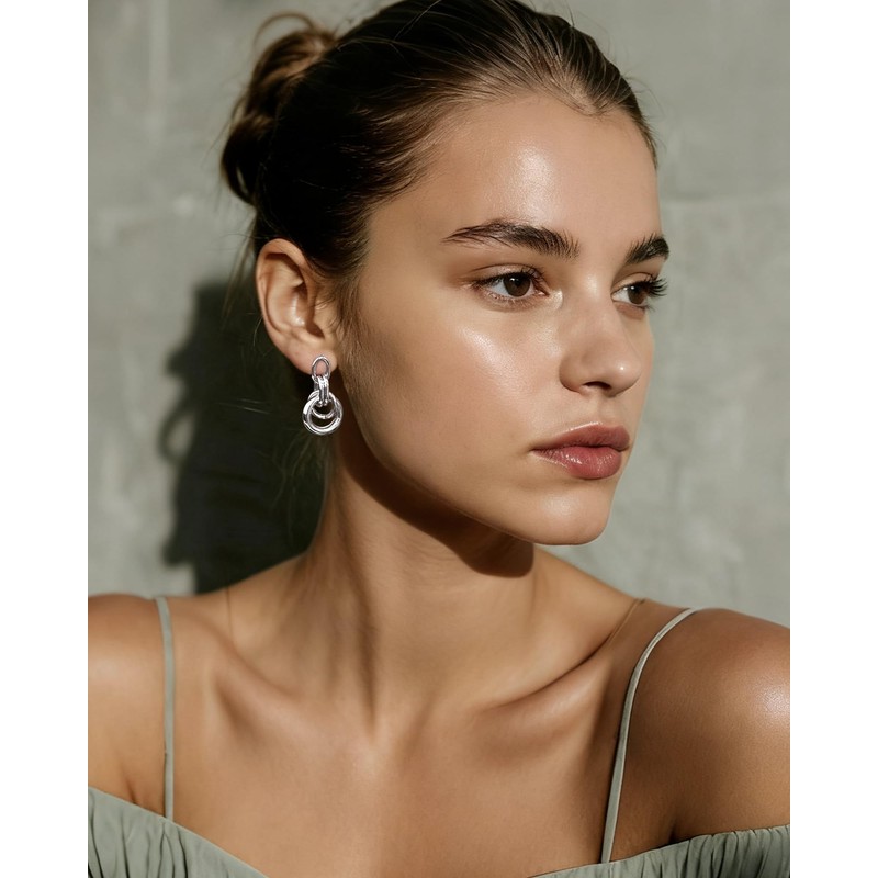 Elaximn Hypoallergenic Chunky Knot Drop Earrings for Women, Silver Geometric