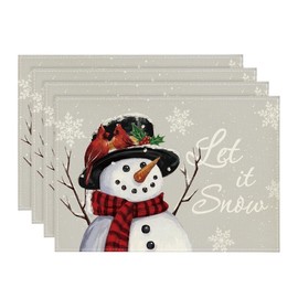 Artoid Mode Grey Silver Snowman Let It Snow Winter Placemats Set of 4, 12x18 Inch Christmas Table Mats for Party Kitchen Dining Decoration