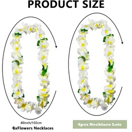 KIWILEPI 24Counts Thickened Hawaiian Leis Bulk, Tropical Flower Necklace White Leis for Luau Party with Green Leaves, Hawaii Floral Garland Hula Dance Costume Graduation Lei Beach Wedding Favors