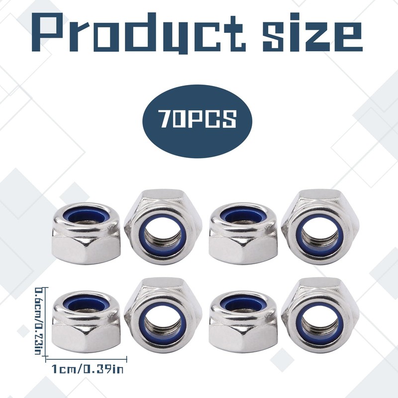 70PCS M6 Nuts,M6 Nyloc Nuts,Lock Tight Thread Lock,Nylon Inserted Hex