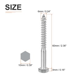 DTGN M6x60mm Hex Lag Bolts -15 Pack - for Woodworking, Furniture - 304 Stainless Steel Partial Thread Hexagon Head Lag Screws for Wood - Silver