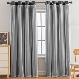 Anytime Home Curtains Blackout and Sheer Layered Solid Window Curtain Panel Pair with Grommet Top, 52Wx84L Black