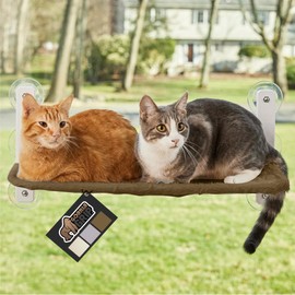 GORILLA GRIP Cat Window Perch, Sturdy Cat Hammock Bed Window Seat with 6 Large Suction Cups, Foldable Cordless Indoor Kitten Wall Shelves, Strong Metal Frame, Reversible Washable Cover, Large Brown