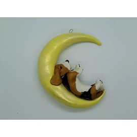 Celtic Forest Clay BASSET HOUND Ornament SLEEPING ON CRESCENT MOON Window Hanger TRI CLR Handmade
