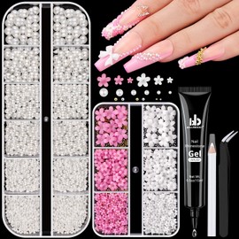 Flatback Pearls (White) And 6 Grids 3D Flowers With Rhinestones Glue Gel For Nail Art, Pearl Nail Charms And Nail Flowers Blossom With Mini Round Caviar Nail Beads For Acrylic Nail Tips Manicure Decor