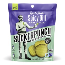 SuckerPunch Red Chile Spicy Dill Pickle Chips, Hot, Spicy Gluten Free Pickles, Sugar Free, Low Calorie, Kosher, Fresh Pickle Chips, Non GMO, Keto Friendly, Vegan, 3.4 FL Oz, Snack Pouches (12 Pack)