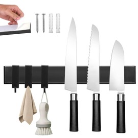Knife Magnetic Strip With 3 Hooks, 14" Magnetic Knife Holder for Wall Mount Fridge Refrigerator, No Drill Knife Magnet Tool Holder Bar Adhesive Backing, Kitchen Organizer Knives Block RV Accessories